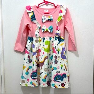 Pink Dinosaur Print Dress with Bow